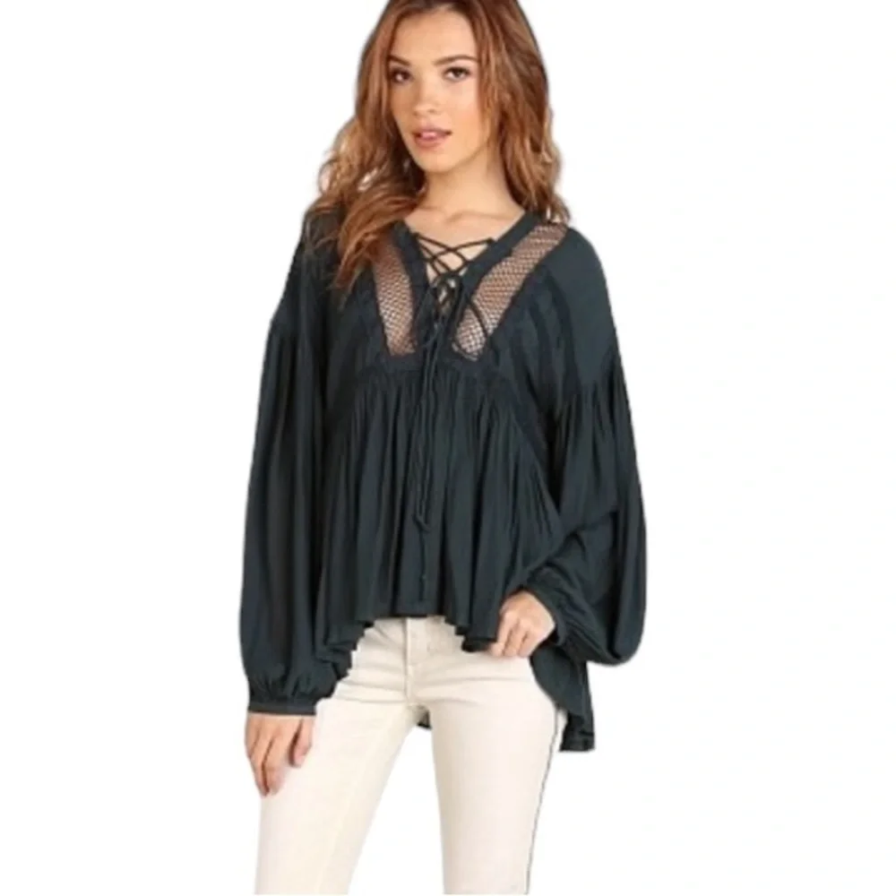 LN Free People Don’t Let It Go Teal Green Pleated Lace Up Crinkle Peasant Top XS